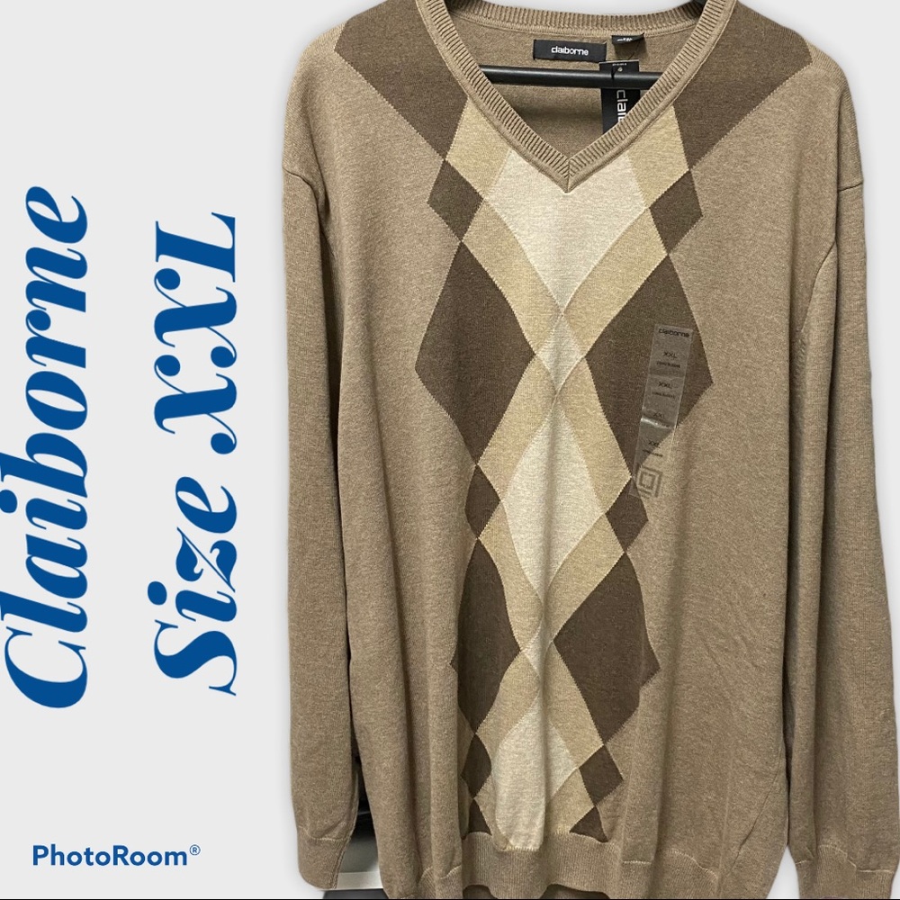 Men's V-Neck Argyle Sweater, Brown/Tan XXL